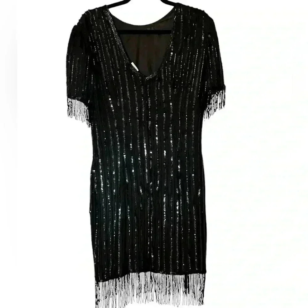 Vintage 80s St’enay Silk Elegant Black Sequin Dress - Picture 5 of 7